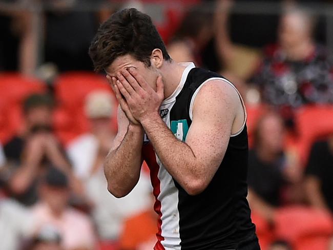 GOLD COAST, AUSTRALIA - MAY 08: Jack Higgins of the Saints looks dejected during the round eight AFL match between the Gold Coast Suns and the St Kilda Saints at Metricon Stadium on May 08, 2021 in Gold Coast, Australia. (Photo by Matt Roberts/AFL Photos/via Getty Images)