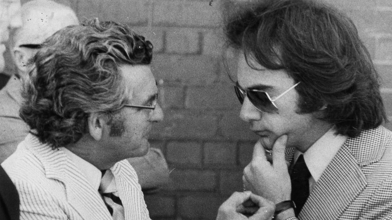 Then ACTU president Bob Hawke talking to singer Neil Diamond the Caulfield races in 1976