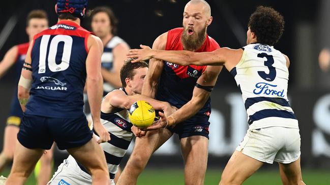 Geelong and Melbourne endured stoppage after stoppage in a 13-goal fizzer. Picture: Getty Images