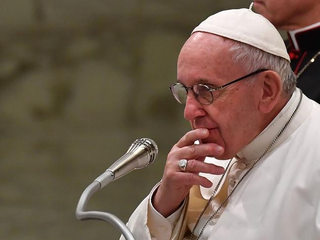 Pope Francis reacts during the weekly general audience on February 6, 2019 at Paul-VI hall in the Vatican. (Photo by Andreas SOLARO / AFP)