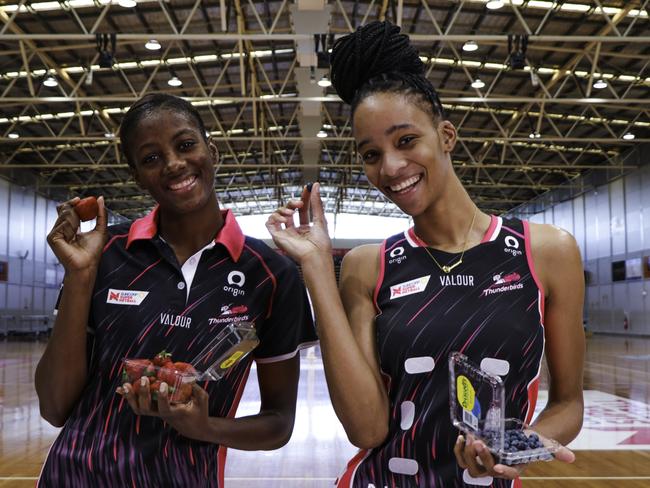 Latanya Wilson with fellow Jamaican Shamera Sterling at the start of her time with Adelaide, in 2021. Picture: Netball SA