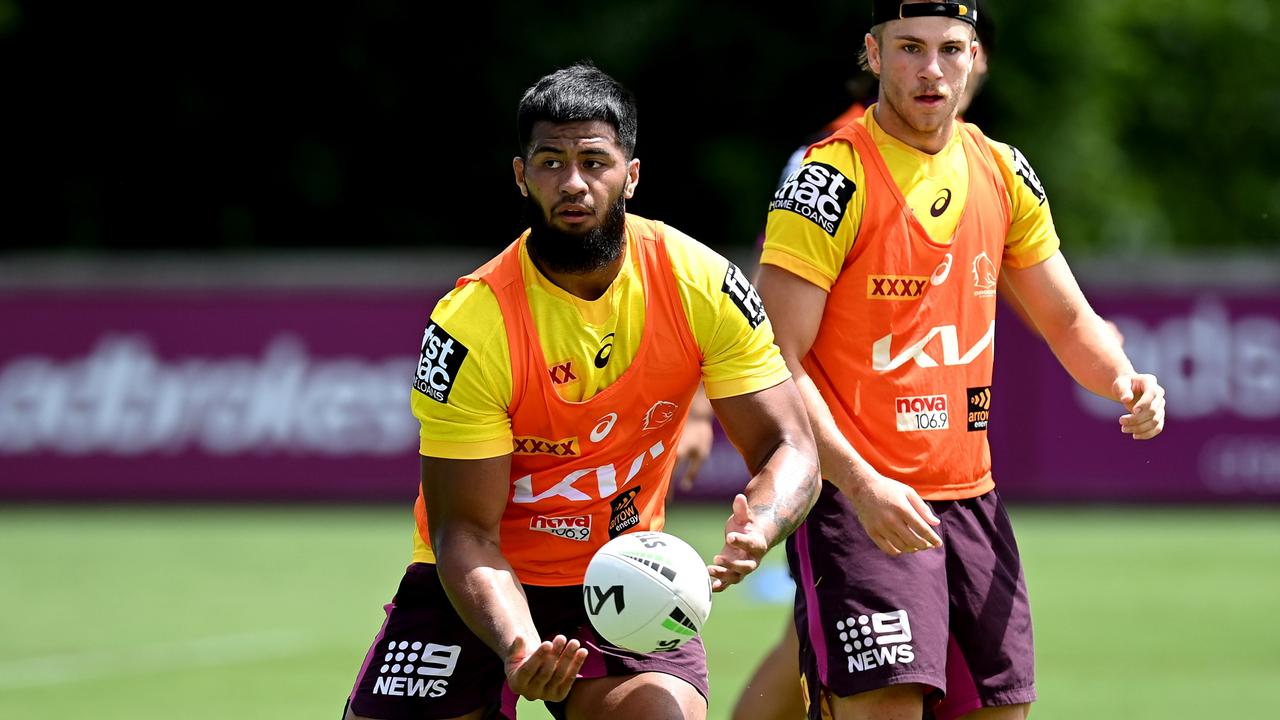 ]Payne Haas passes the ball during a Brisbane Broncos training session. Picture: Getty Images