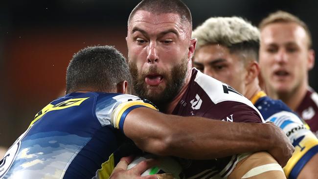 SYDNEY, AUSTRALIA - JUNE 06: Curtis Sironen of the Sea Eagles is tackled during the round four NRL match between the Parramatta Eels and the Manly Sea Eagles at Bankwest Stadium on June 06, 2020 in Sydney, Australia. (Photo by Cameron Spencer/Getty Images)