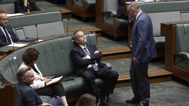 Anthony Albanese (right) speaks to Bill Shorten during Question Time in the House of Representatives at Parliament House in Canberra. Picture: NCA NewsWire / Gary Ramage