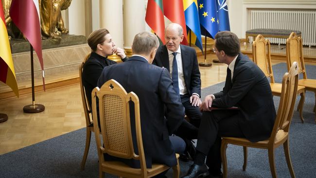 German Chancellor Olaf Scholz talks with Polish PM Donald Tusk, Swedish PM Ulf Kristersson and Danish PM Mette Frederiksen at the Baltic Sea NATO Allies Summit on January 14 in Helsinki. Picture: Bundesregierung via Getty Images