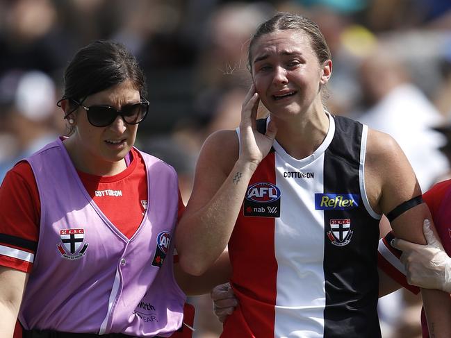 MELBOURNE, AUSTRALIA - MARCH 01: Tarni White of the Saints leaves the field injured during the 2020 AFLW Round 04 match between the St Kilda Saints and the Fremantle Dockers at RSEA Park on March 1, 2020 in Melbourne, Australia. (Photo by Dylan Burns/AFL Photos via Getty Images)