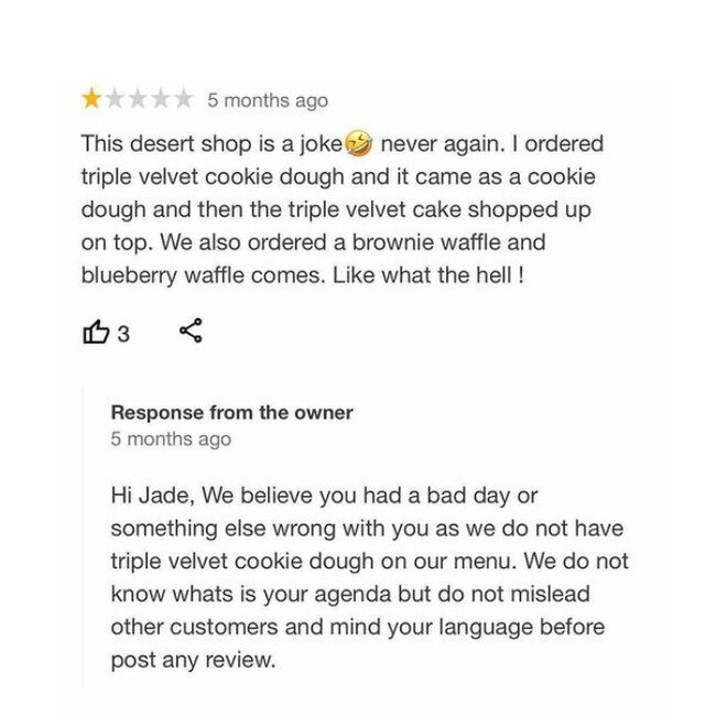 A cake shop owner hit back at a customer for complaining about a dessert that wasn’t on the menu. Picture: Instagram/takeawaytrauma