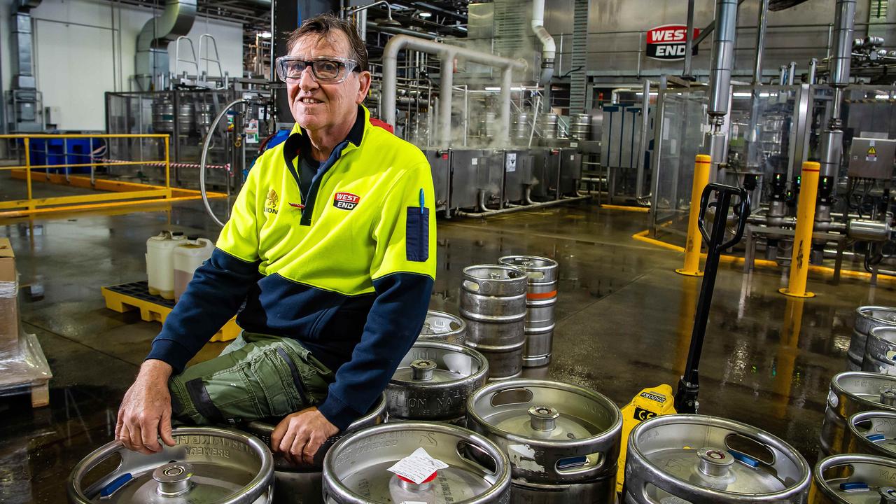 West End community brewer Tony Jones with some of the last kegs to come off the production line at Thebarton. Picture: Tom Huntley