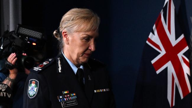 Katarina Carroll announces her resignation at the QPS headquarters in Brisbane in February 2024. Picture: Dan Peled / NCA NewsWire