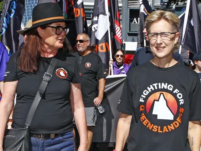 BRISBANE, AUSTRALIA - NewsWire Photos MAY 6, 2024: QCU secretary Jaqueline King and ACTU secretary Sally McManus during the Labour Day march in Brisbane. Picture: NCA NewsWire/Tertius Pickard