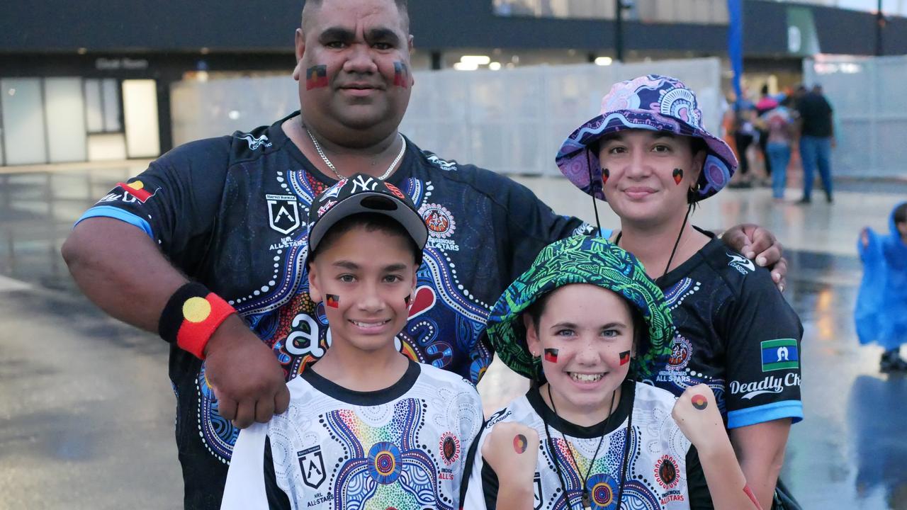 Albert Sambo, AJ Braico-Sambo, 13, Sienna Braico-Sambo, 10, and Nicole Braico-Sambo were one of many families decked out in colourful jerseys for the NRL All Stars. Picture: Blair Jackson