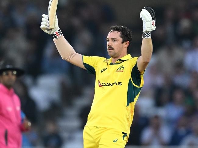 NOTTINGHAM, ENGLAND - SEPTEMBER 19:  Travis Head of Australia celebrates reaching his 100 during the 1st Metro Bank ODI between England and Australia at Trent Bridge on September 19, 2024 in Nottingham, England. (Photo by Shaun Botterill/Getty Images)