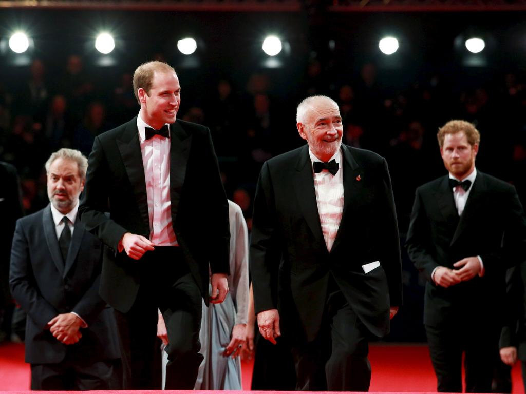 Director Sam Mendes, Prince William, Duke of Cambridge, producer Michael G. Wilson and Prince Harry attend the Royal Film Performance of “Spectre”at Royal Albert Hall on October 26, 2015 in London. Picture: Reuters