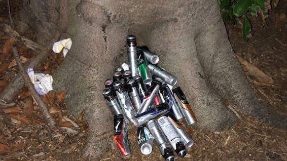 Homeless teenagers dump aerosol cans by a tree in the Broadwater Parklands at Southport, on the Gold Coast.