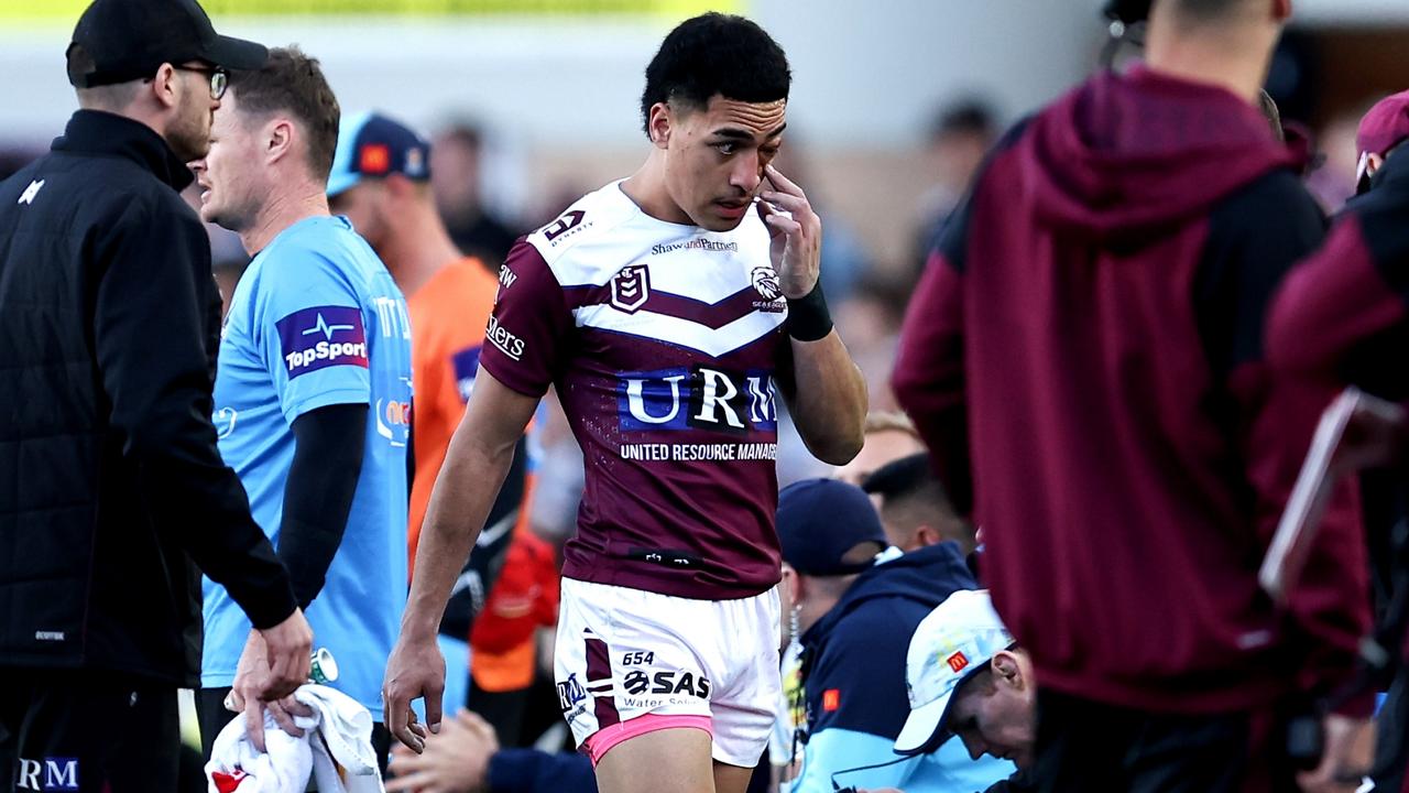 SYDNEY, AUSTRALIA - JULY 21: Lehi Hopoate of the Sea Eagles leaves the field during the round 20 NRL match between Manly Sea Eagles and Gold Coast Titans at 4 Pines Park, on July 21, 2024, in Sydney, Australia. (Photo by Brendon Thorne/Getty Images)