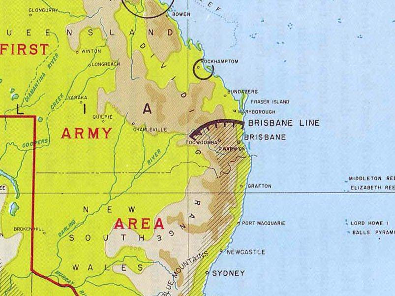 The proposed Brisbane Line, first drawn up by General McArthur during World War 2. Picture: Contributed