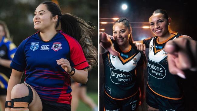 (L-R) Iemaima Etuale, and Iemaima with Tiana-Lee Thorne for Wests Tigers. Picture: Campbelltown Collegians