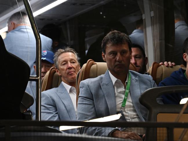 Daley and Bellamy in the NSW team bus after arriving at Suncorp Stadium. Picture: NRL Images/Grant Trouville