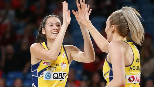 Helen Housby of the Swifts celebrates with Sophie Fawns during their match against the Collingwood Magpies. Photo: Getty Images