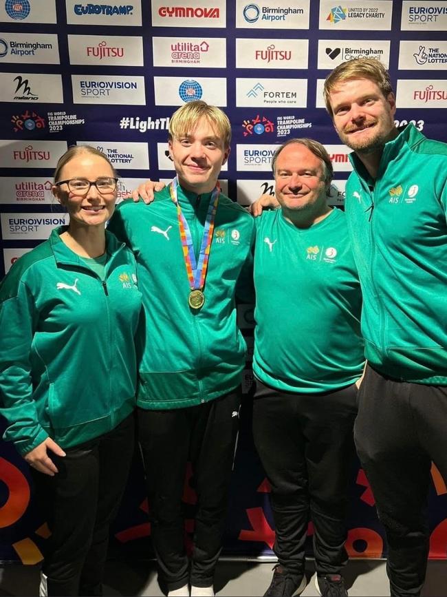 Tasmanian Tristan Styles celebrates his gold medal win in the Double-Mini event at the 2023 World Trampoline Championships in Birmingham in November. Picture: Facebook.