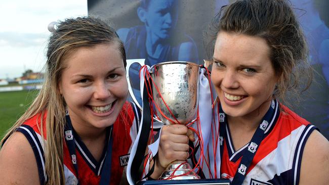 Katie Brennan and Elise O’Dea after winning the 2013 premiership.