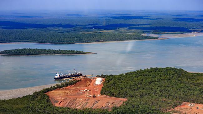 Aerial view of Port Melville on the Tiwi Islands showing the first shipment of woodchip from Tiwi Plantations being loaded.