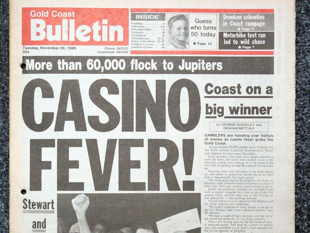 Front page Gold Coast Bulletin Tuesday November 26, 1985 Jupiters Casino