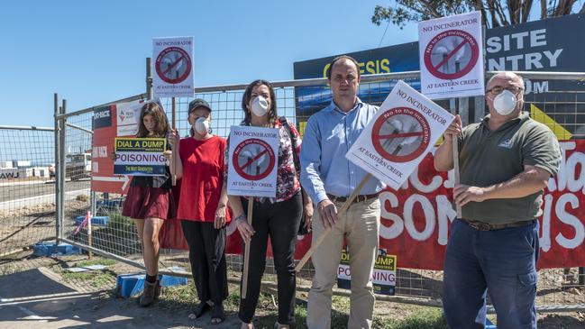 Former Greens member Jeremy Buckingham and residents protest a proposed incinerator outside Dial A Dump's Genesis facility at Eastern Creek.