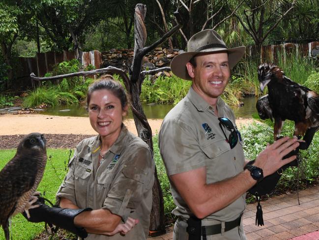 Territory Wildlife Park are having a promotion about families with animal surname's getting free entry to the Territory Wildlife Park this Sunday as part of a special launch , Zoo Keepers Shael Martin [which is a bird] with Ruby a Rufous Owl and Luke Hare with Errol a Black breasted buzzard.  Picture Katrina Bridgeford.