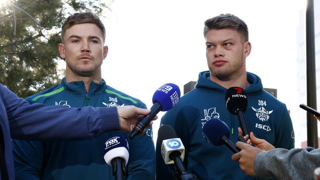 Canberra Raiders players Hudson Young (L) and Morgan Smithies (R) front the media in Las Vegas. Picture: Jonathan Ng.