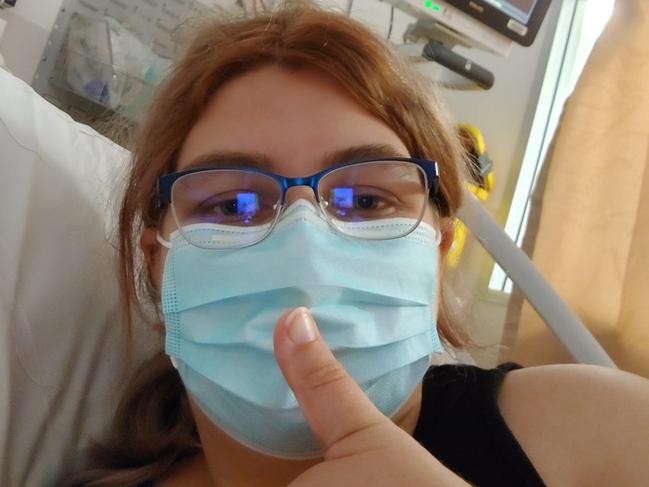 Roisin-Dee Hadfield-Lowe during one of her hospital visits to find out why the tremors were happening. Picture: Supplied