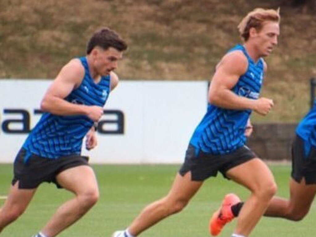 Darcy Macpherson (third from left) training with North Melbourne during the first day of pre-season on Monday, November 18 2024. Photo: @mitch23bates on X