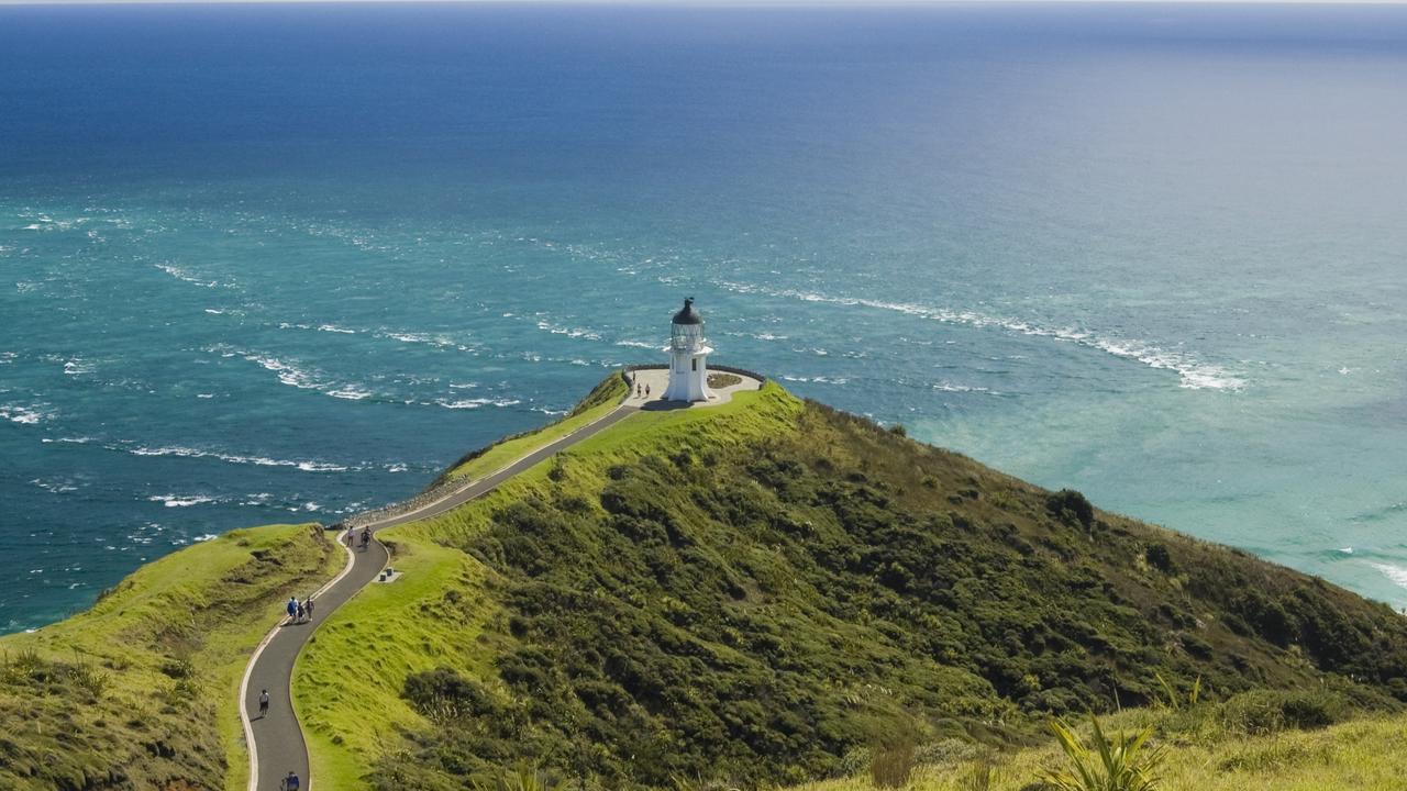 Aerial view of Cape Reinga with a stormy sea
