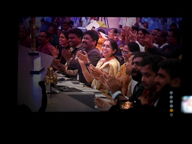 Scientists of the Indian Space Research Organisation (ISRO) celebrate the successful lunar landing of Chandrayaan-3 spacecraft on the south pole of the moon. Picture: AFP