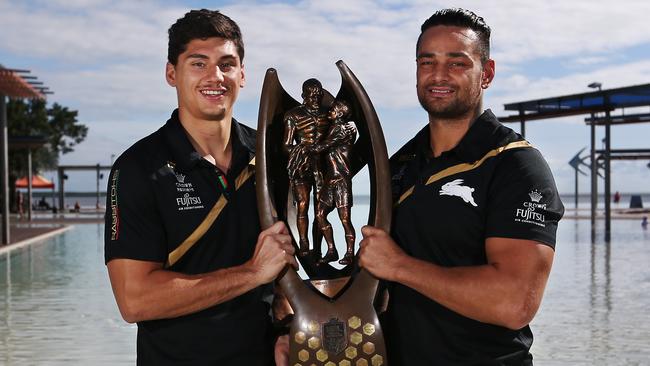 Turner and John Sutton show off the NRL Premiership trophy. Photo: Brendan Radke.