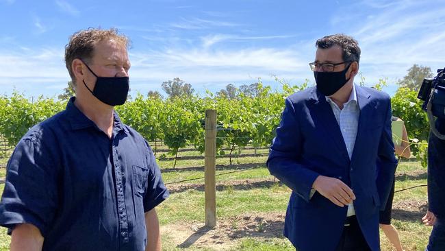 Premier Daniel Andrews is enjoying a wine tasting at Dal Zotto Wines ahead of announcing the $465 million Victorian Tourism Recovery Package. Picture: Madi Chwasta