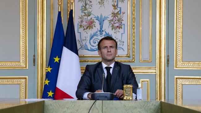 French President Emmanuel Macron pre-recorded his video call to the summit from the Elysee Palace in Paris.