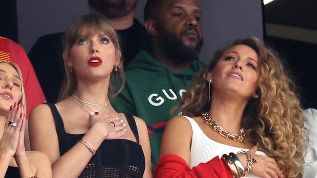 Singer Taylor Swift and actress Blake Lively together at The Super Bowl LVIII last year before all the legal drama began. Picture: Getty.