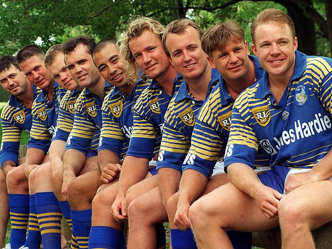 Parramatta’s star-studded 1996 recruiting class (left to right): Dean Pay, Jason Smith, Adam Ritson, Peter Johnston, Jim Dymock, Jarrod McCracken, Aaron Raper, Gary Freeman and Nathan Barnes.