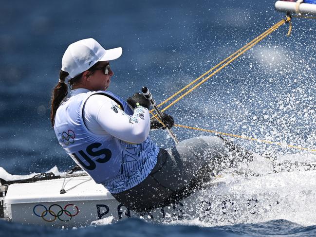 MARSEILLE, FRANCE - JULY 30: Zoe Thomson of Australia sails her Womens Dinghy during a training session on day four of the Olympic Games Paris 2024 at Marseille Marina on July 30, 2024 in Marseille, France. (Photo by Clive Mason/Getty Images)