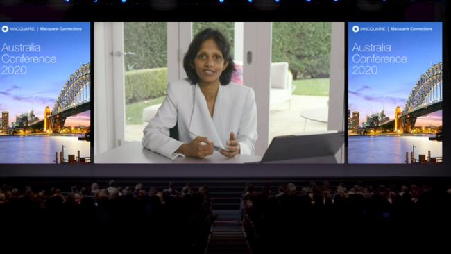 Macquarie Group CEO Shemara Wikramanayake addressing the company's investor day from home. Picture: Supplied.