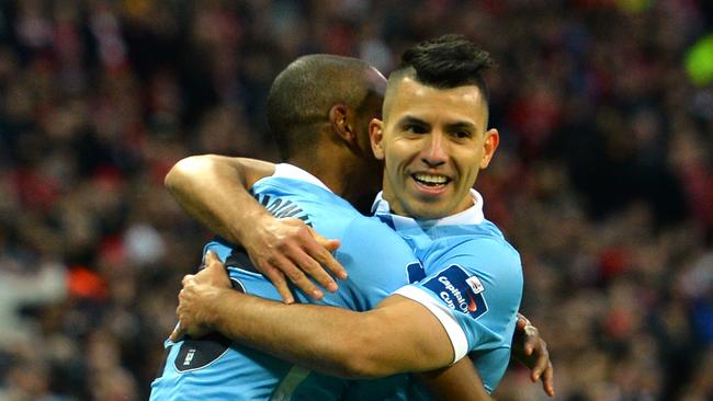 Sergio Aguero celebrates after scoring the opening goal.