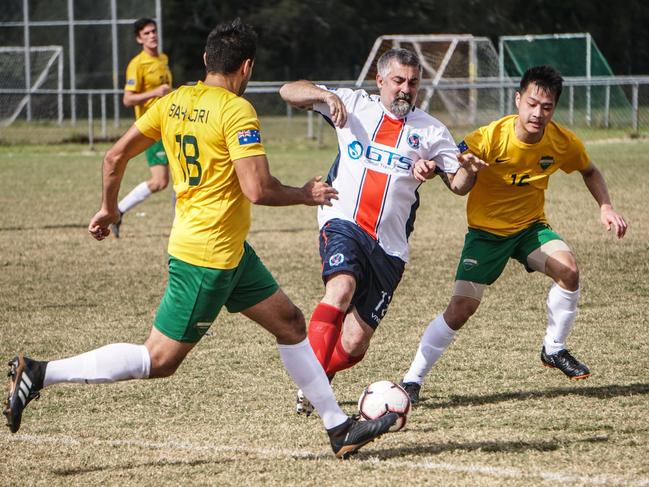 Nerang Premier League coach Dave Benigno in action against the Docceroos at Glennon Park. Picture: Luke Sorensen