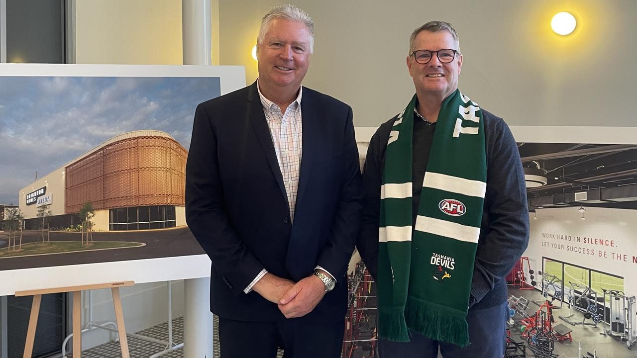 Brisbane Lions CEO Greg Swann and Tasmania Football Club chairman Grant O’Brien in Hobart on Friday.