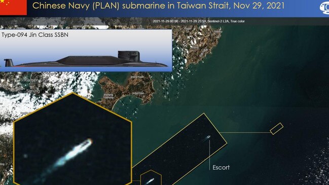 The Chinese submarine, provisionally identified as a Type-094 Jin Class SSBN, is tracked transiting the Taiwan Strait, in what has been described as a show of strength. Picture: Supplied