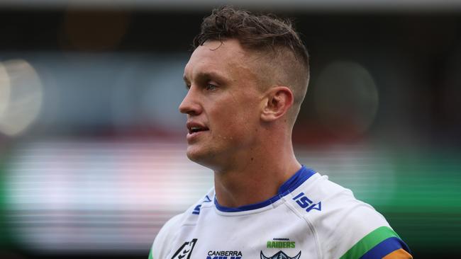 NEWCASTLE, AUSTRALIA - MARCH 26: Jack Wighton of the Raiders is sent off during the round four NRL match between Newcastle Knights and Canberra Raiders at McDonald Jones Stadium on March 26, 2023 in Newcastle, Australia. (Photo by Scott Gardiner/Getty Images)