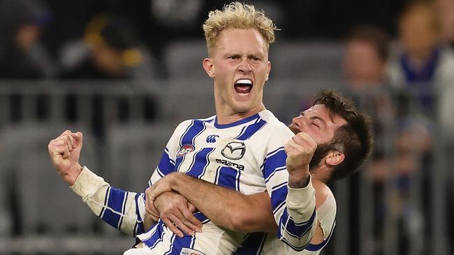 PERTH, AUSTRALIA - JULY 12: Jaidyn Stephenson of the Kangaroos celebrates a goal during the round 17 AFL match between the West Coast Eagles and North Melbourne Kangaroos at Optus Stadium on July 12, 2021 in Perth, Australia. (Photo by Paul Kane/Getty Images)