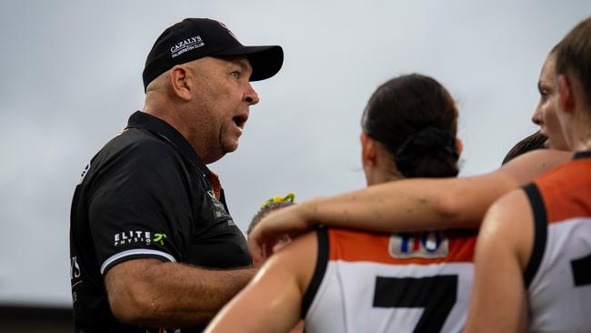 Coach Rick Nolan revving up the NTFL Buffaloes' women side on their way to beating the Essendon Bombers. Picture: Pema Tamang Pakhrin