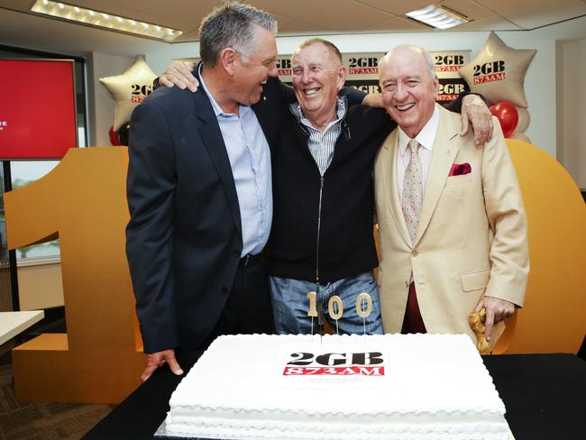 Maquaurie Radio's Ray Hadley with boss John Singleton and colleague Alan Jones who are celebrating winning over a 100 consecutive radio surveys. Picture: Justin Lloyd