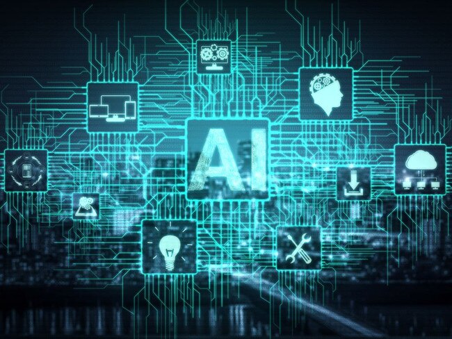 AI Learning and Artificial Intelligence Concept - Icon Graphic Interface showing computer, machine thinking and AI Artificial Intelligence of Digital Robotic Devices.